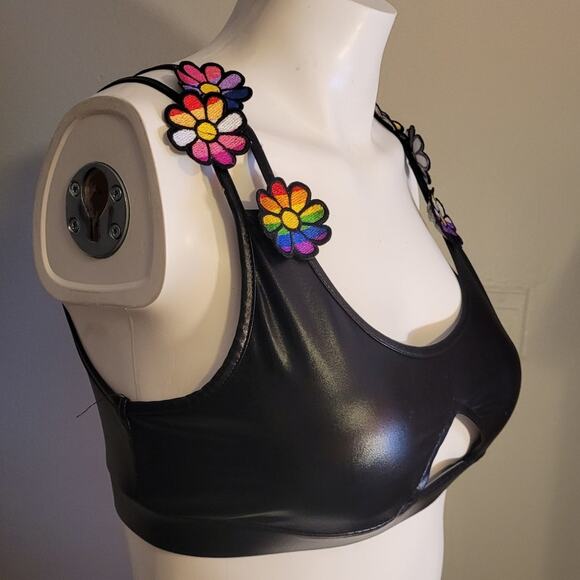 Body Rage rainbow flower faux leather cutout rave festival bra top pride S - Picture 3 of 9